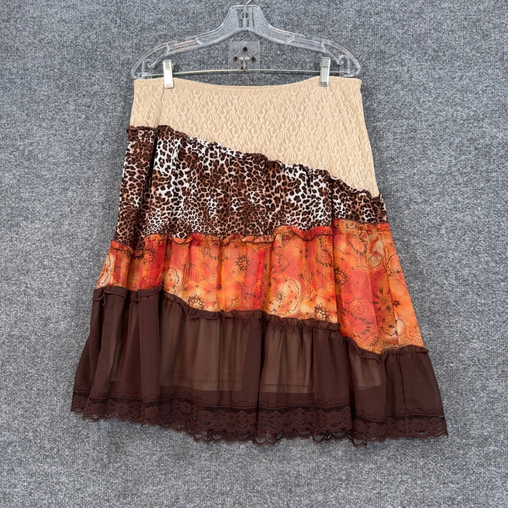 90s Y2K Speechless Skirt Women Large Brown Leopard Lace Floral Mixed Media Boho